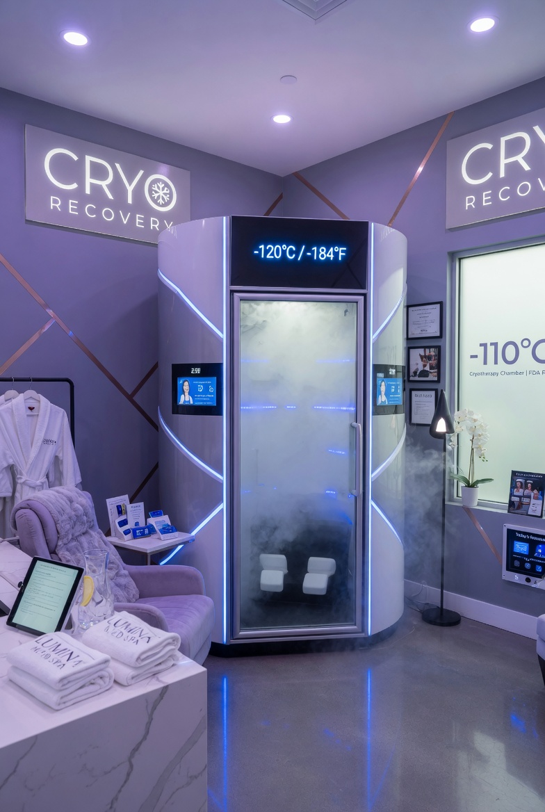 Cryotherapy chamber session at a wellness clinic — Aria handles multi-treatment booking including cryo, IV therapy, and infrared sauna